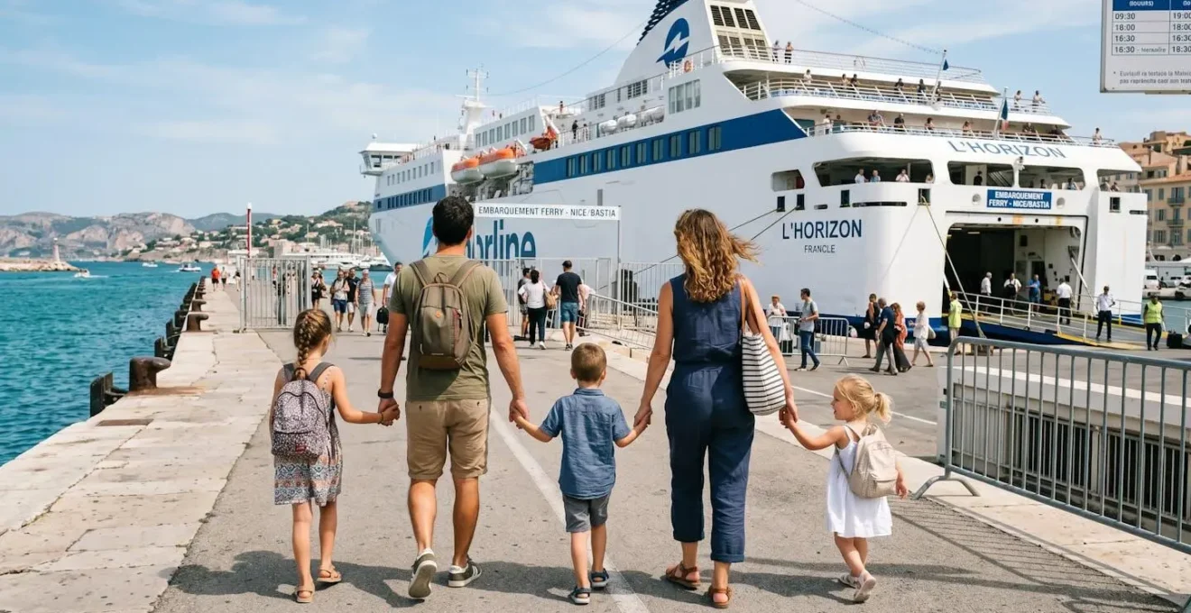 Plan moyen d'une famille avec enfants marchant vers un ferry Corsica Ferries sur le quai, vue de dos, lumière naturelle méditerranéenne, vêtements décontractés modernes 2026