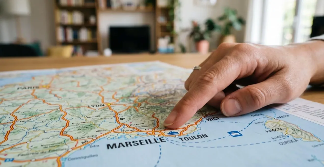 Gros plan macro d'une main pointant une carte physique de France montrant les routes depuis Paris et Lyon vers Marseille, Toulon et Nice avec des icônes ferry, faible profondeur de champ, arrière-plan flouté, surface de bureau moderne propre, lumière latérale naturelle