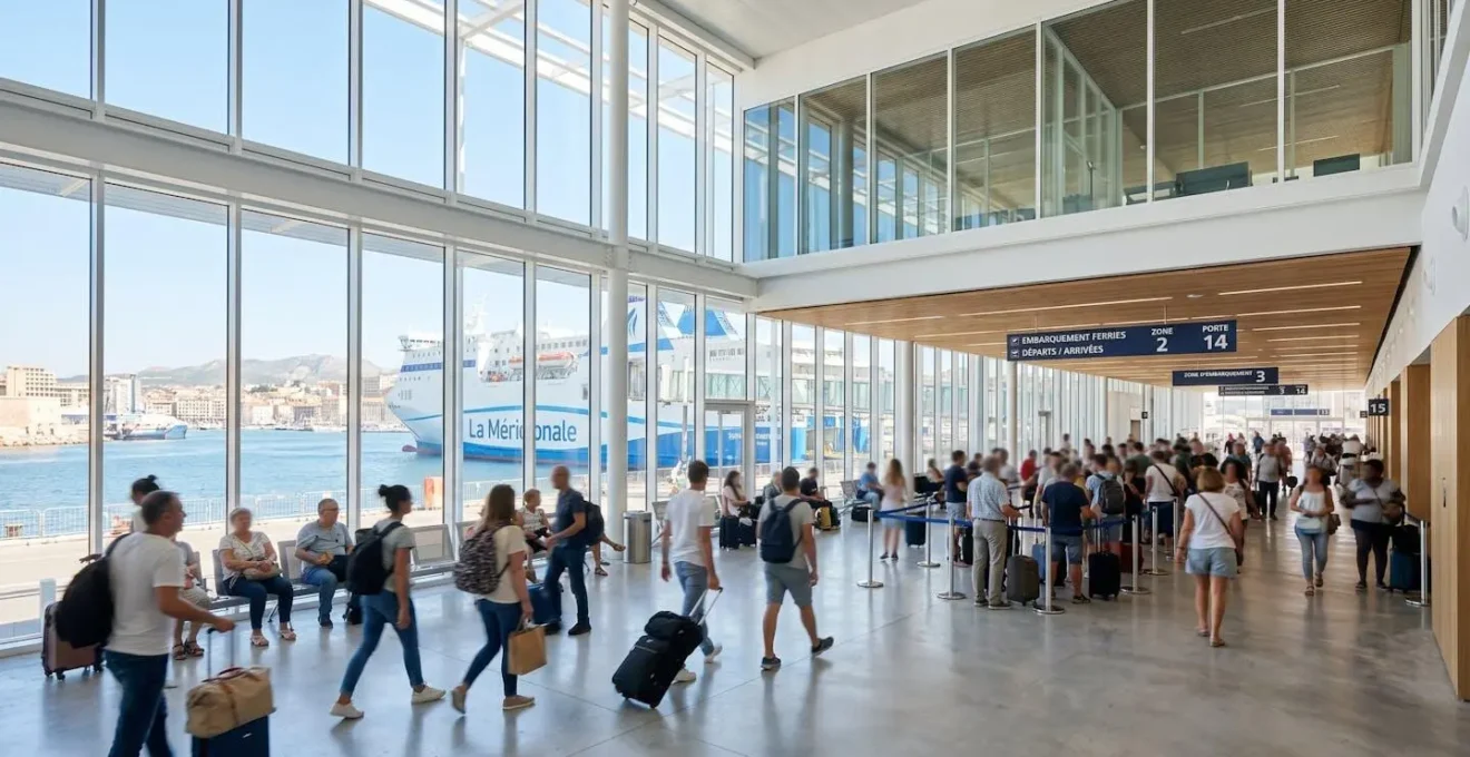 Vue grand angle d'un terminal ferry moderne à Marseille sous un ciel méditerranéen lumineux, avec une zone d'embarquement contemporaine en arrière-plan