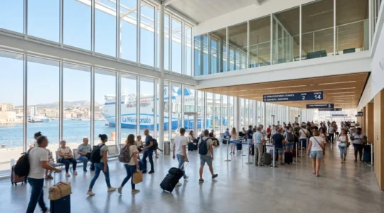 Vue grand angle d'un terminal ferry moderne à Marseille sous un ciel méditerranéen lumineux, avec une zone d'embarquement contemporaine en arrière-plan