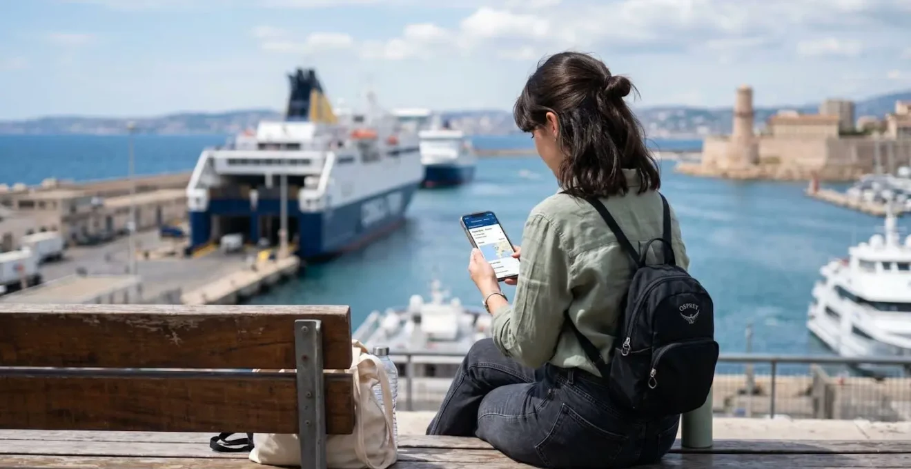 Plan moyen de dos d'un voyageur consultant un smartphone affichant une application de réservation ferry, assis sur un banc extérieur au port avec mer et navire flous en arrière-plan, tenue décontractée contemporaine 2026, lumière naturelle du jour